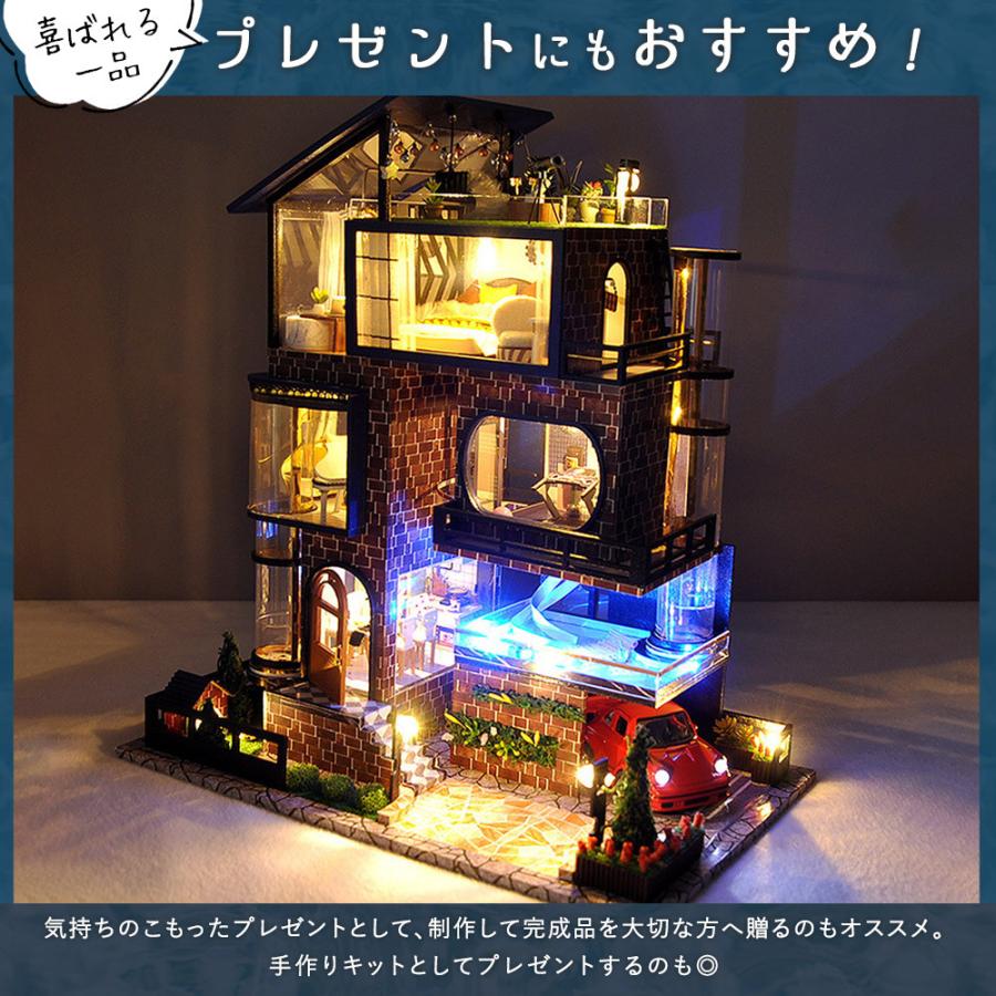 1/24 ドールハウス ミニチュア DIY 手作りキット レンガ造りの3階建て マンハッタン LEDライト+ケース+オルゴール+スポーツカーフィギュア｜moin-moin｜05