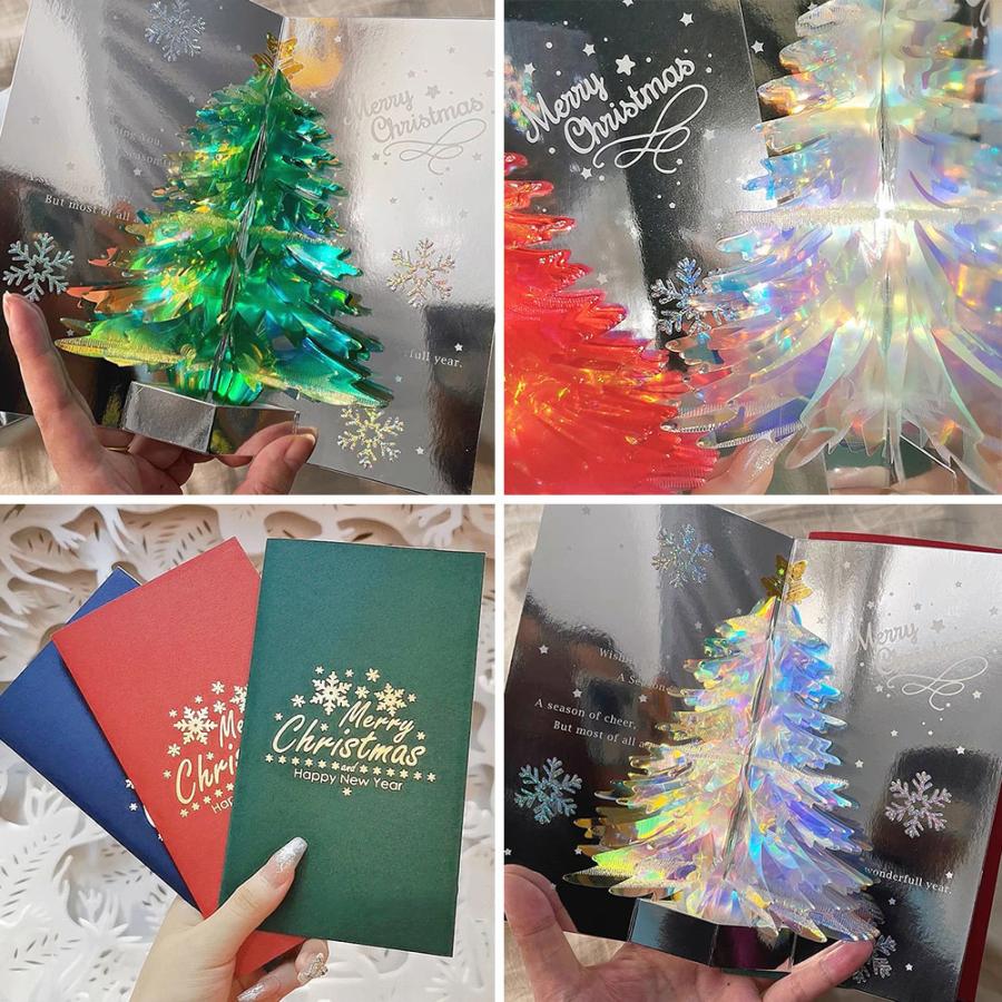 クリスマス カード3つ セット ( 封筒付 ) 赤 青 緑 / ツリー キラキラ