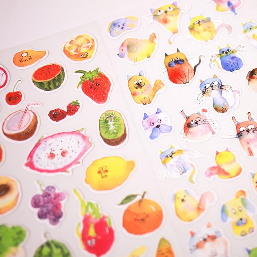 シール 7種セット 水彩 大量 動物 アニマル 顔 猫 かわいい 花