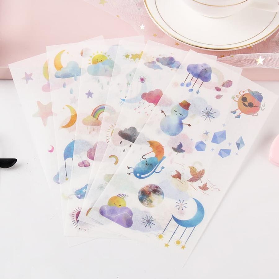 シールステッカー 12枚セット 和紙 水彩 天気 猫 月 晴れ 虹