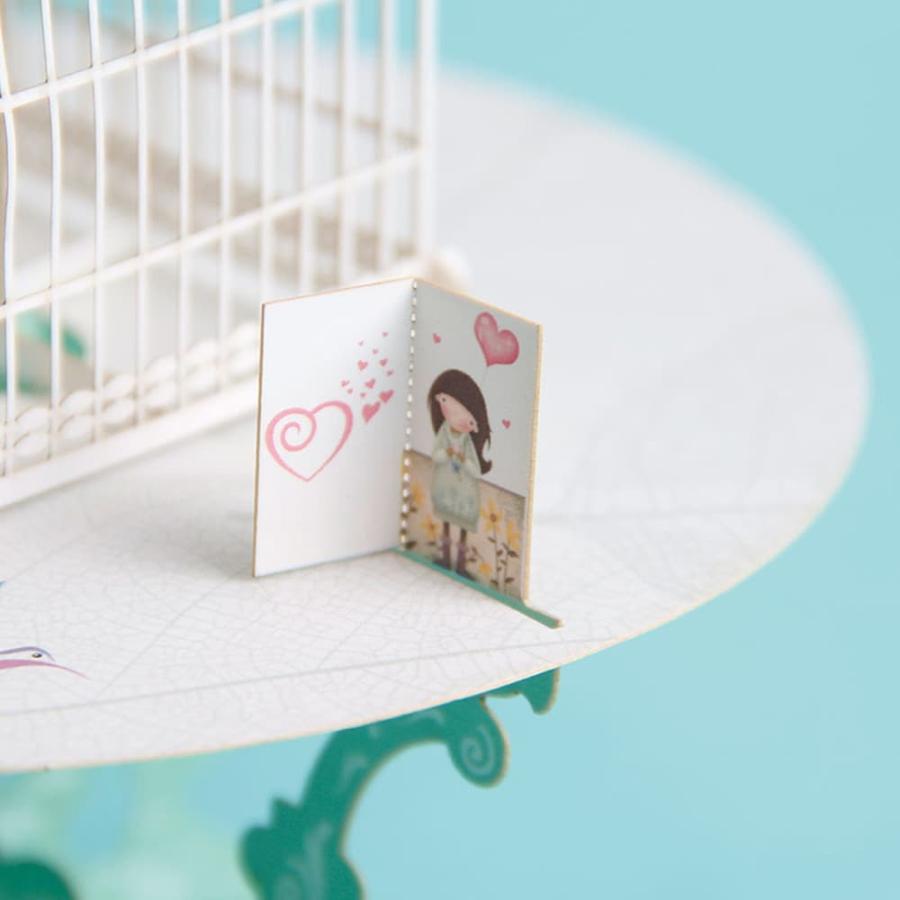 メッセージ カード3D 立体 飛び出す テーブル の 上 の 小鳥 バード 鳥かご ホワイト×ライムグリーン 白 美麗｜moin-moin｜08