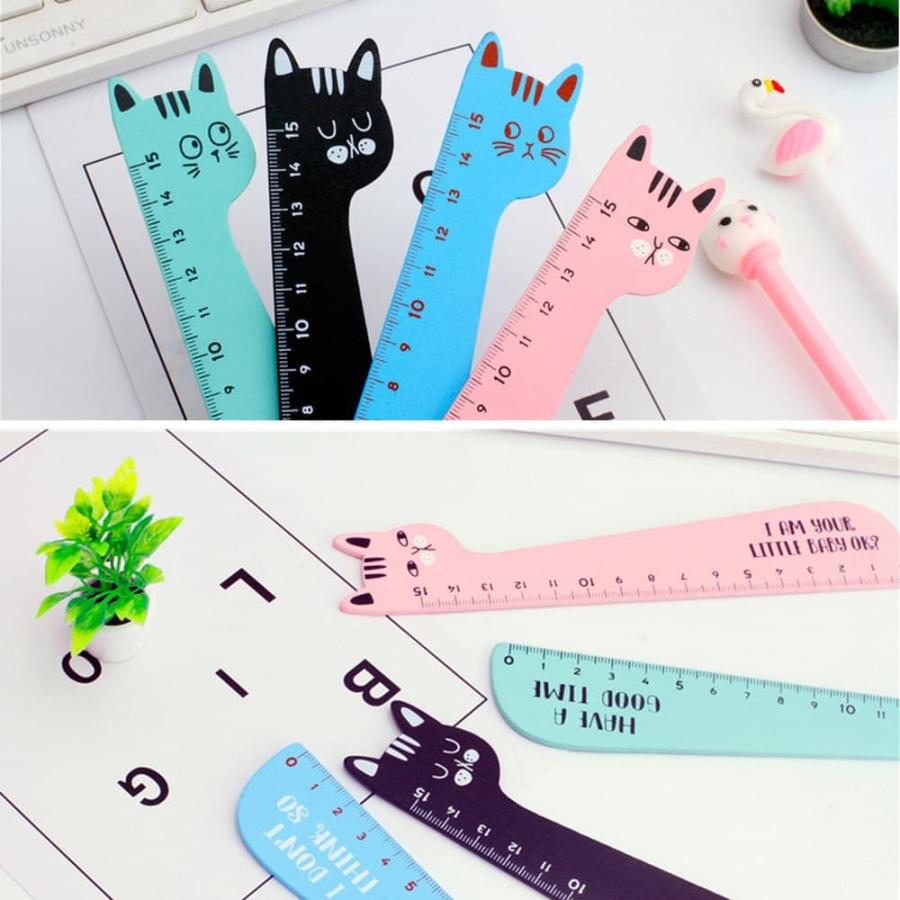 定規 ものさし 15cm 木製 猫 4種セット (ピンク ブルー グリーン
