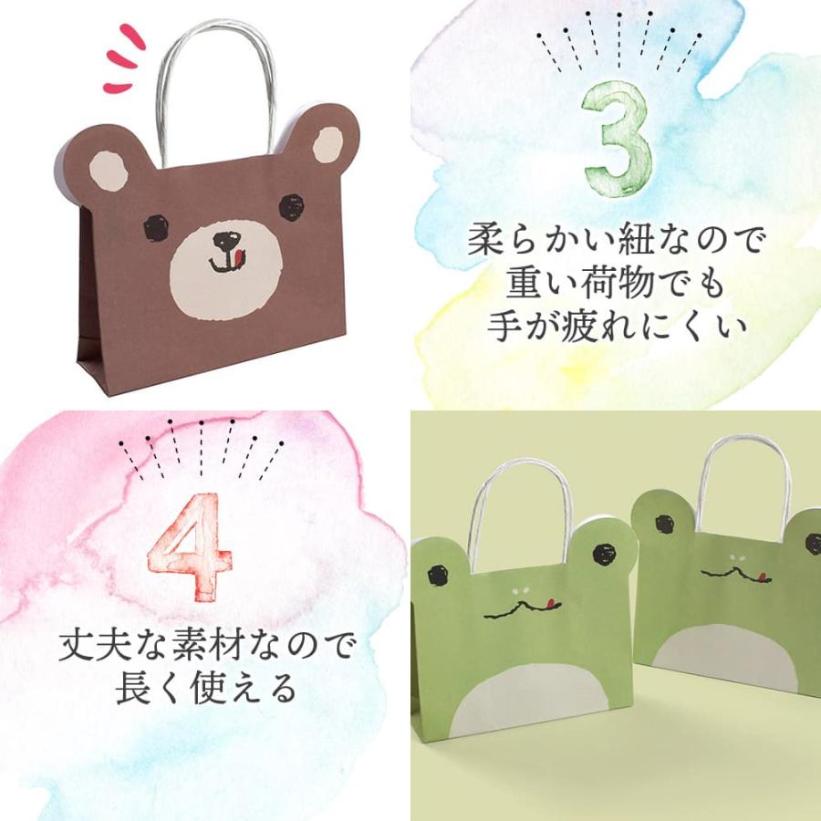 ラッピングアニマル フェイス 紙袋 4種セット 17.5×12.5×5cm 犬 猫 かえる くま 耳 飛び出し 手提げ袋 バッグ カラフル オレンジ グリーン ブラウン |  | 04