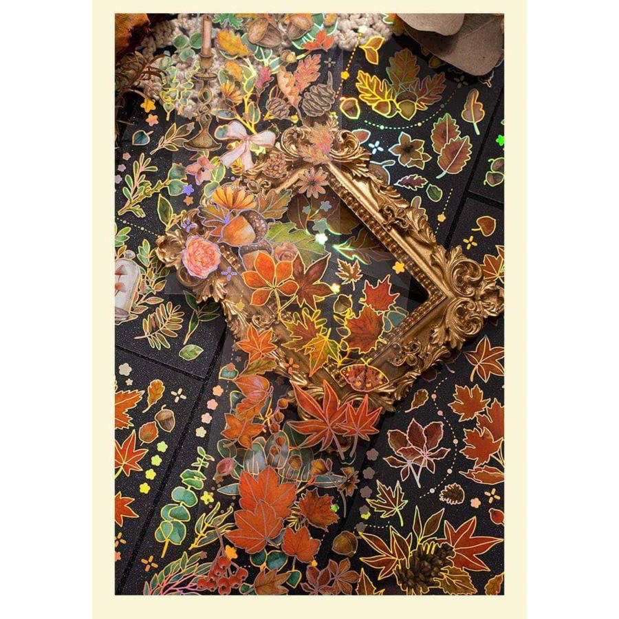 シールステッカー 全面 秋 の 紅葉 12種 セット 花 きらきら 箔押し