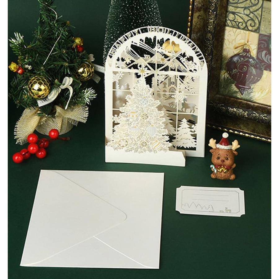 クリスマス カードポップアップ+メッセージカード+封筒セット 19×12cm きらきら 3D ホワイト 白 ゴールド 繊細 切り絵 レース 美麗 幻想的 トナカイ サン｜moin-moin｜16