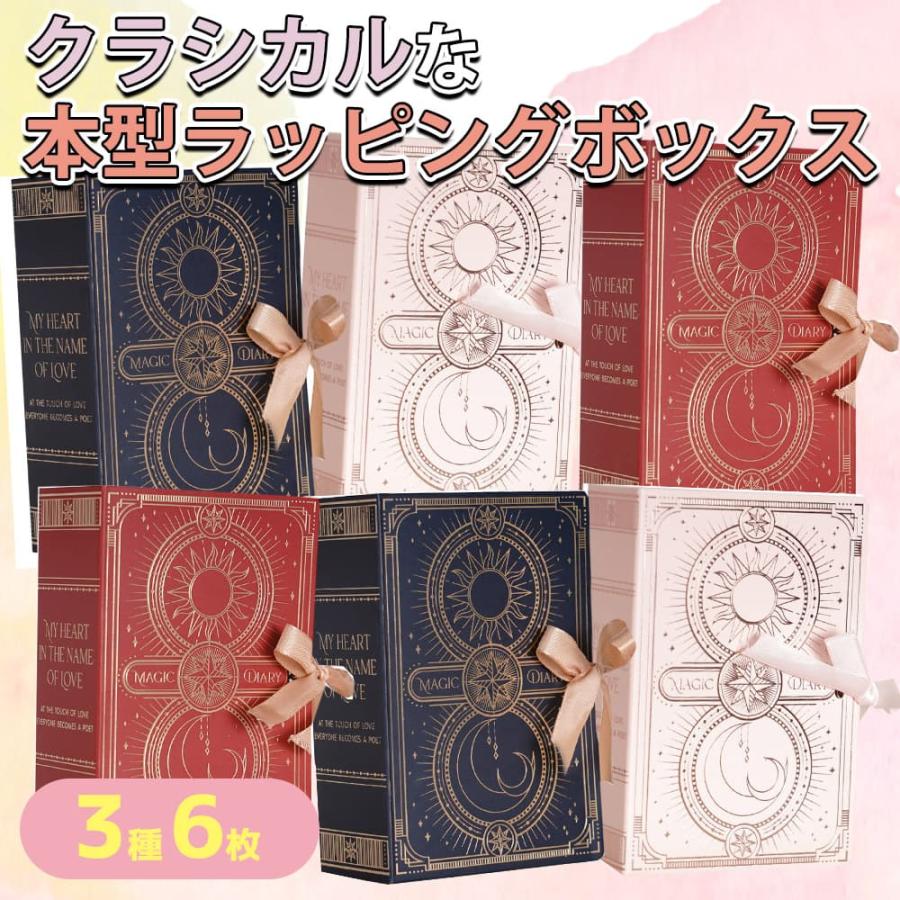 りぼん　　　3本セット ラッピングギフト バッグ 本型 ブック リボン付 3種×2枚ずつ 6枚