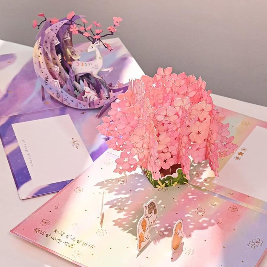 飛び出す 3D メッセージ カード月 鹿 うさぎ 桜 封筒付 きらきら 美麗