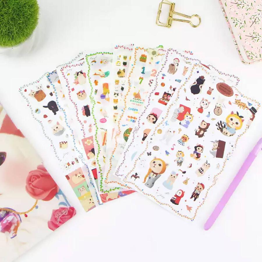 人物ステッカーまとめ売り　紙モノ　シール jetoy シールステッカー 愛らしい 猫 6種 12枚セット 和紙 透明
