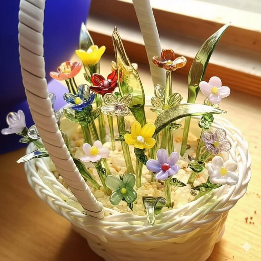 ガラス 置物 オーナメント 花 10本＋ 花瓶 セット ミニチュア 透明