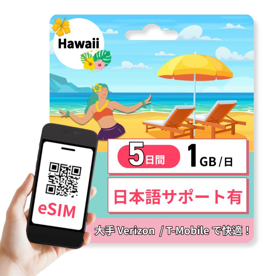 ハワイ eSIM 5日間 1GB / 日 高速通信 かんたん設定 旅行 ビジネス LINE通話対応 日本語サポートあり 低速後は無制限 カード プリペイド（Yahoo!・モックストア）