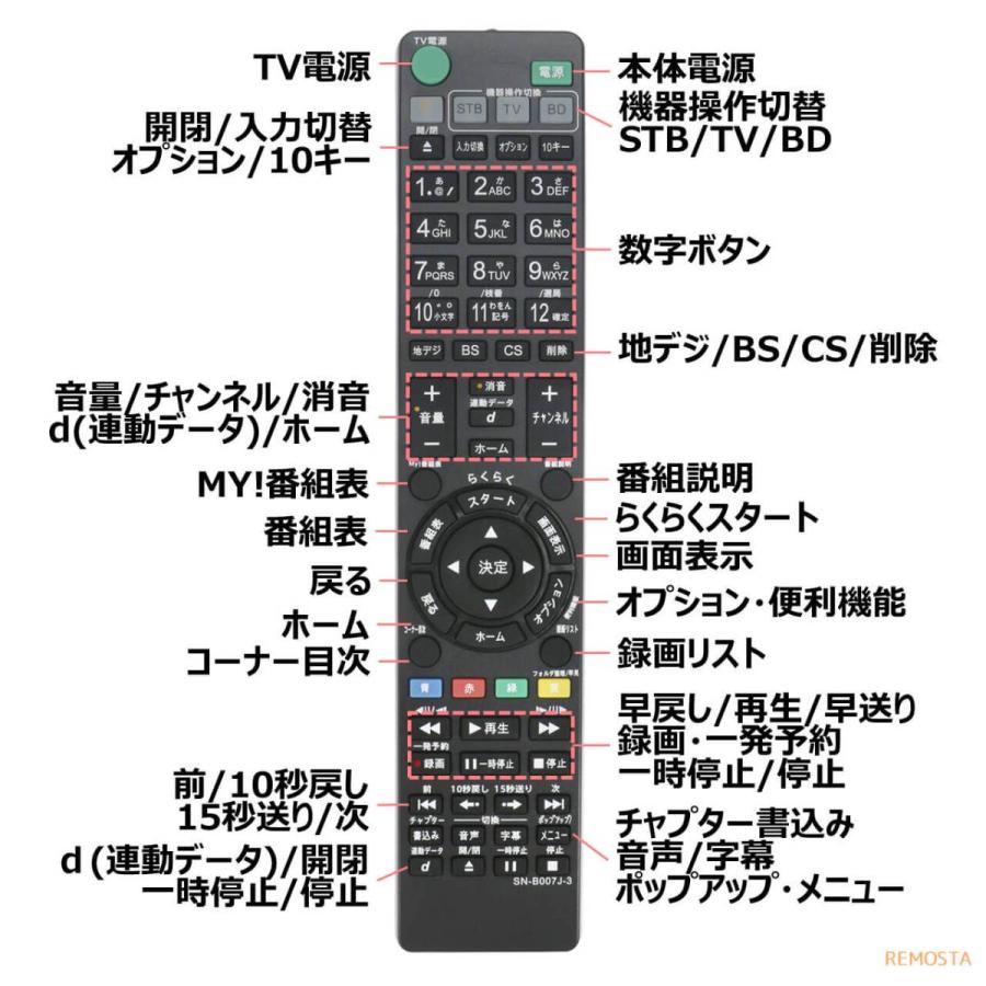 ソニー リモコン ブルーレイ RMT-B007J RMT-B009J RMT-B012J RMT-B013J RMT-B014J SONY レコーダー 代用リモコン REMOSTA｜mokku-shop｜05