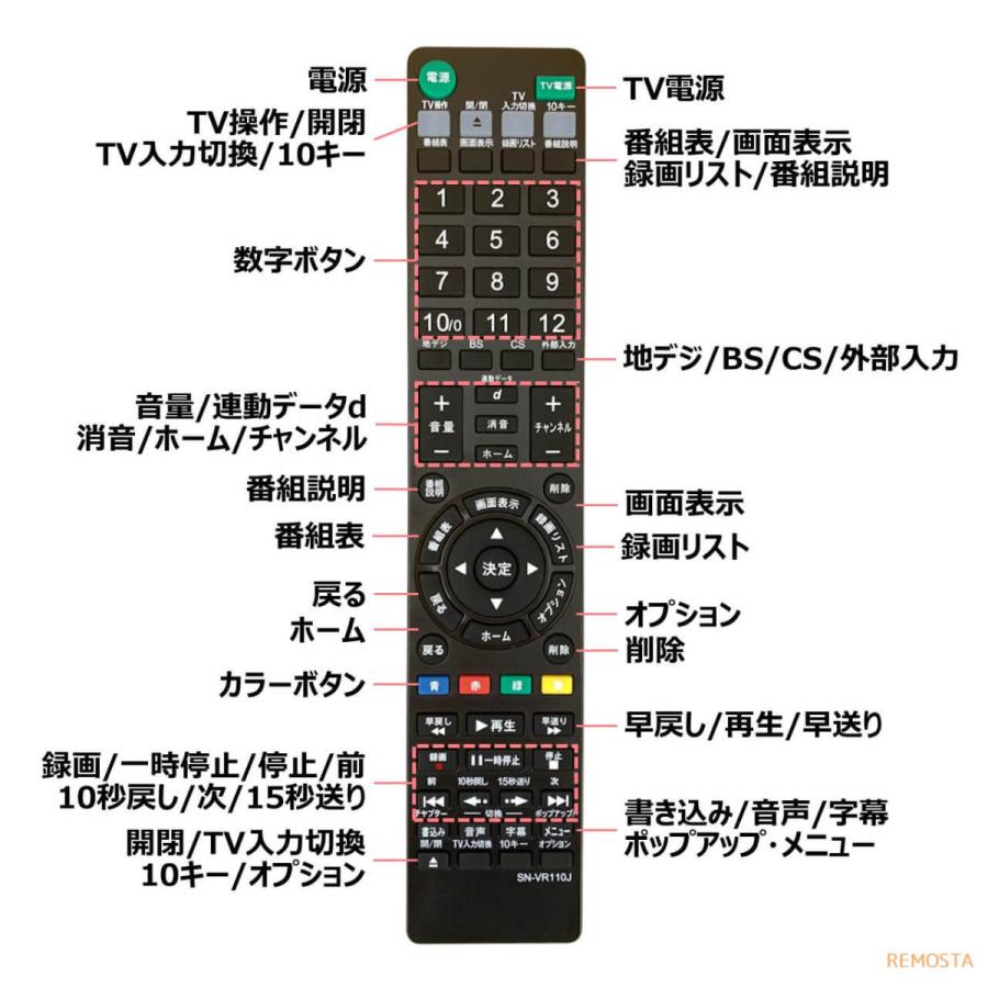 ソニー リモコン ブルーレイ RMT-VR110J 電池付き BDZ-ZW2500 BDZ-ZW1500 BDZ-ZW550 BDZ-ZT2000 BDZ-ZT1000 BDZ-ZW1000 BDZ-ZW500 など 代用リモコン REMOSTA｜mokku-shop｜05