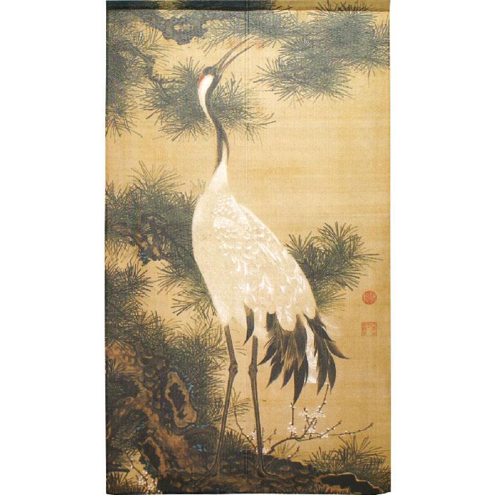 のれん 伊藤若冲 白鶴図 松に鶴 アートのれん 日本製 和風 85x150cm