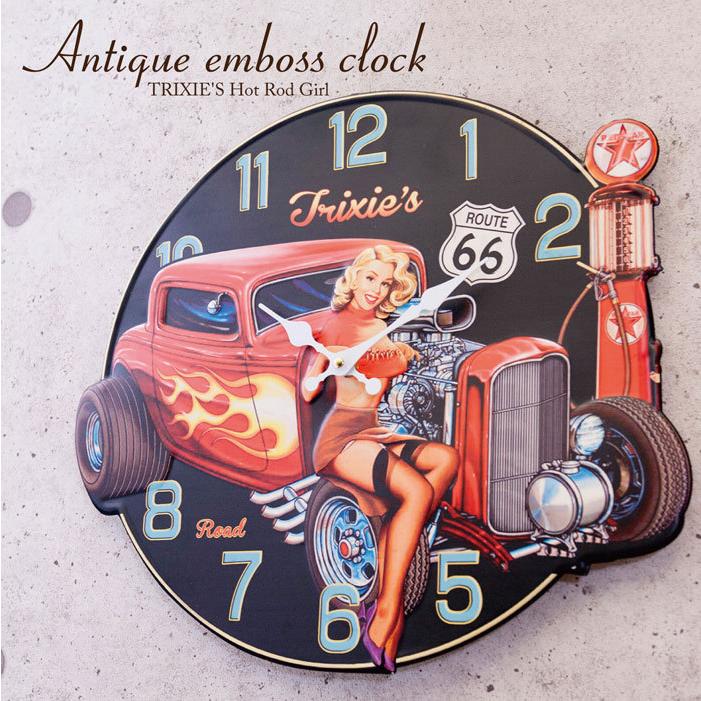 壁掛時計 アンティークエンボスクロック TRIXIE'S Hot Rod Girl