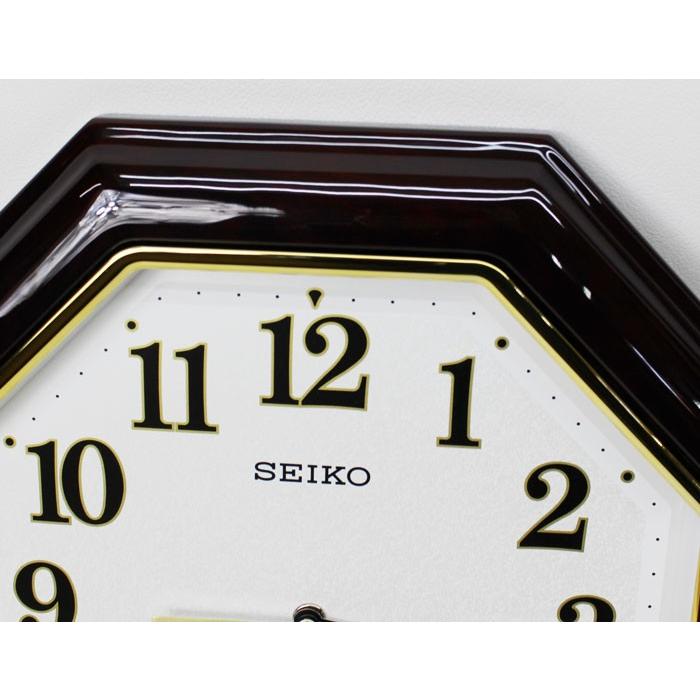 セイコー 電波掛け時計 八角型 電池切れ予告 木枠 濃茶木地塗装 光沢