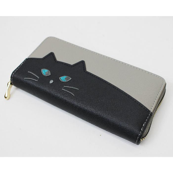 横目猫 財布 長財布 三方束入れ 札入れ ラウンドファスナー 刺繍猫