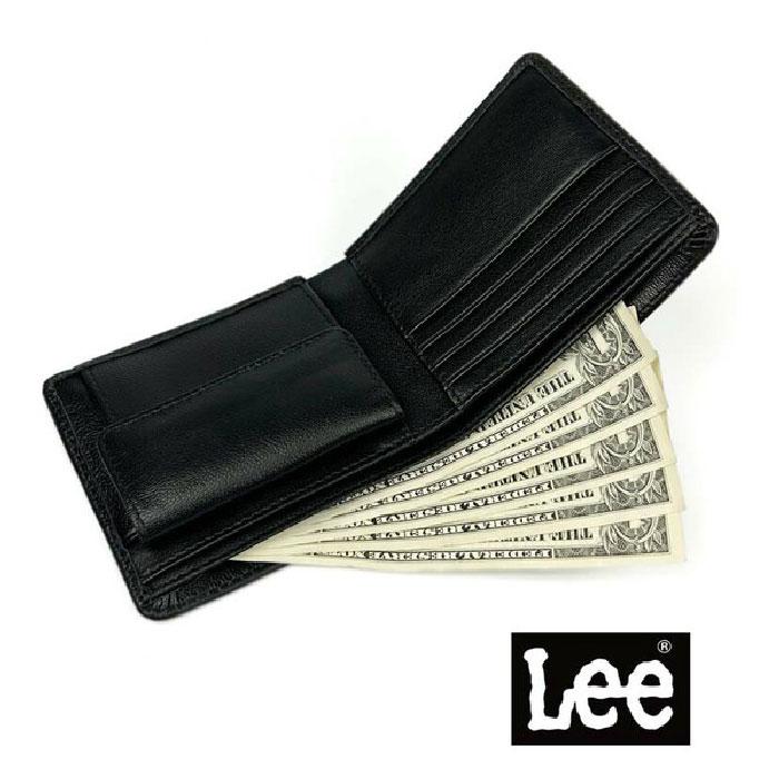 Real 黒 レザー 二つ折り財布 LEE リー 柔らか ゴートレザー二つ折り財布 ウォレット 山羊革 本革