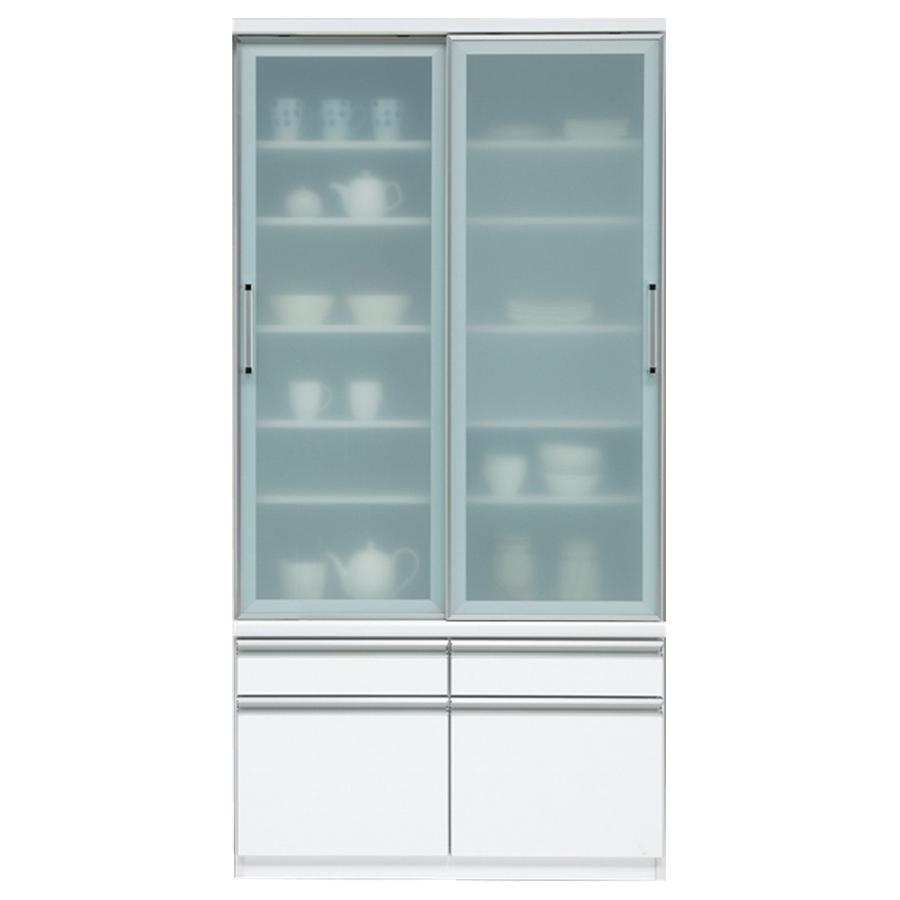 ダイニングボード 食器棚 カップボード キッチン収納 幅120cm 大川家具 国産 ハイグロス白 ヘネシー EBコート 飛散防止 スライド扉 フルオープンレールの画像