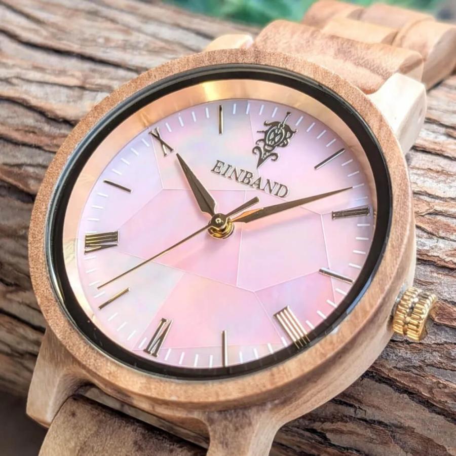 腕時計 木製 レディース ブランド Reise ピンクマザーオブパール オリーブ 木製腕時計 32mm 女性向け 日本製 アインバンド EINBANDの画像