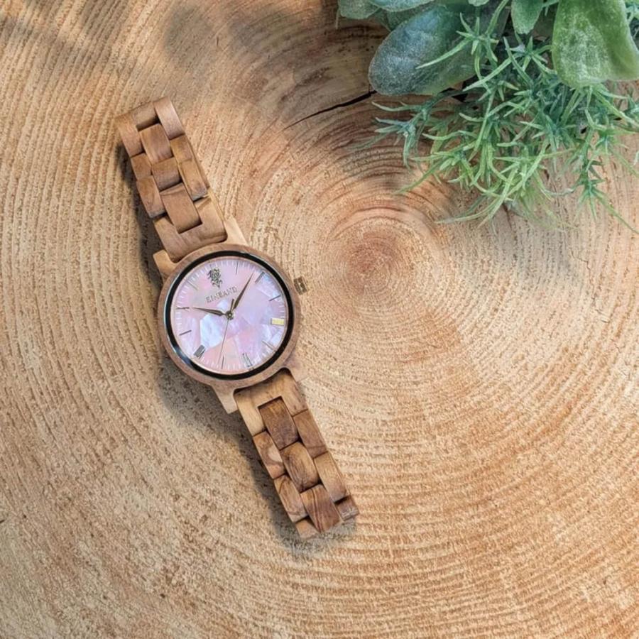 腕時計 木製 レディース ブランド Reise ピンクマザーオブパール オリーブ 木製腕時計 32mm 女性向け 日本製 アインバンド EINBANDの画像