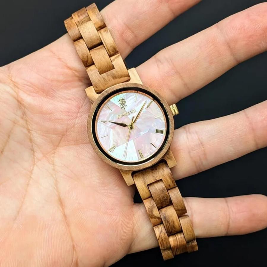 腕時計 木製 レディース ブランド Reise ピンクマザーオブパール オリーブ 木製腕時計 32mm 女性向け 日本製 アインバンド EINBANDの画像