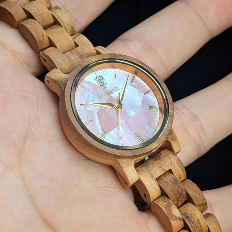 腕時計 木製 レディース ブランド Reise ピンクマザーオブパール オリーブ 木製腕時計 32mm 女性向け 日本製 アインバンド EINBANDの画像