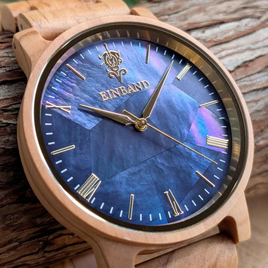 腕時計 木製 メンズ ブランド Reise ネイビーブルーマザーオブパールとオリーブの木製腕時計 40mm 日本製 アインバンド 男性向け Reiseの画像