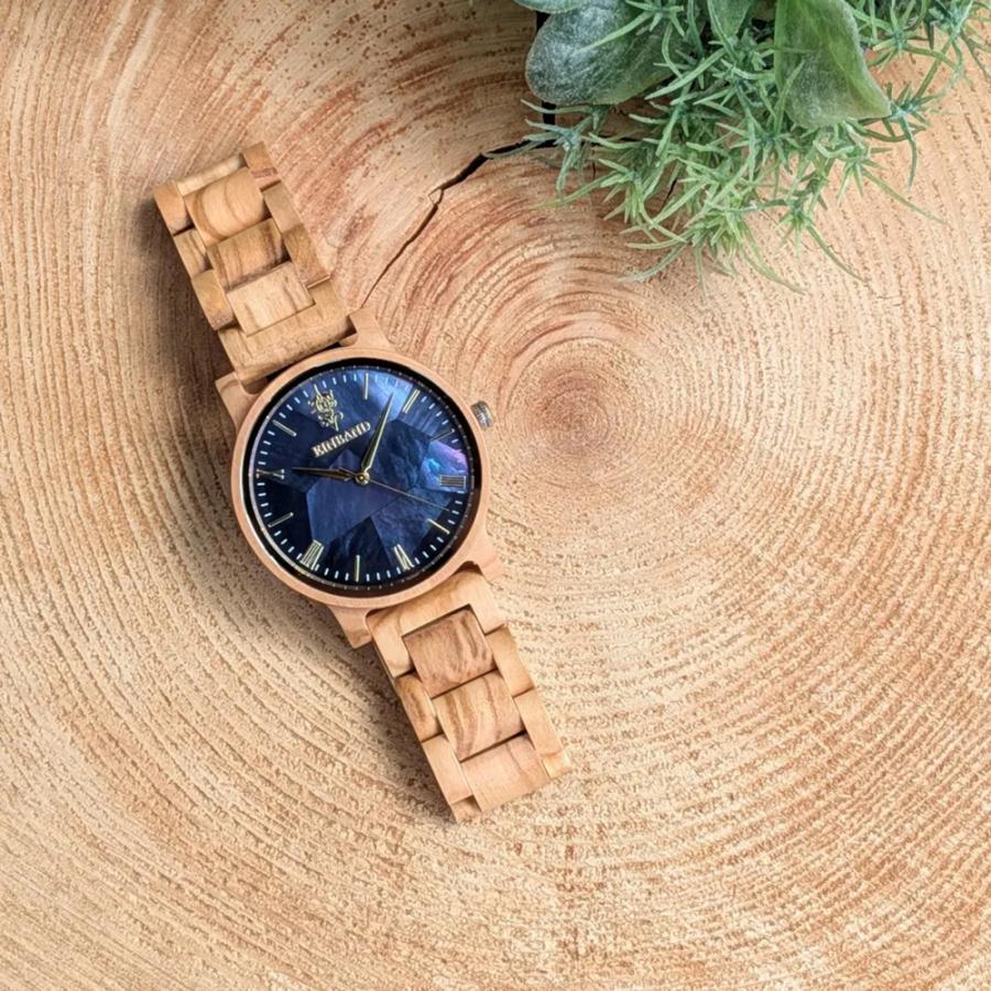 腕時計 木製 メンズ ブランド Reise ネイビーブルーマザーオブパールとオリーブの木製腕時計 40mm 日本製 アインバンド 男性向け Reiseの画像