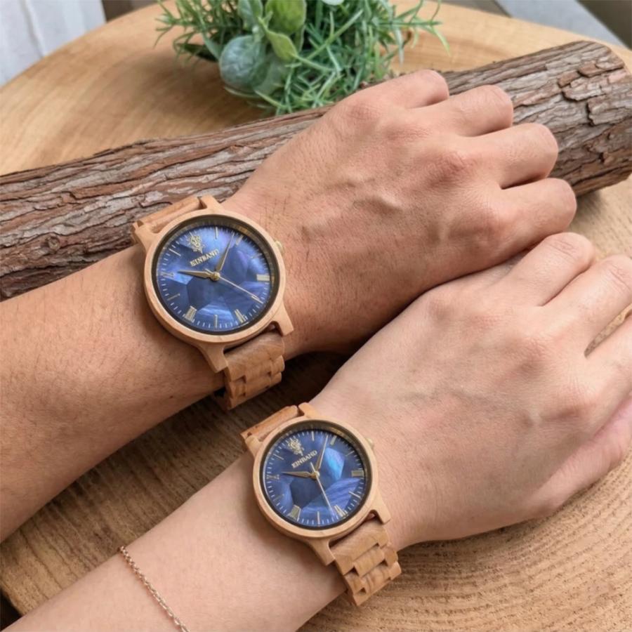 腕時計 木製 メンズ ブランド Reise ネイビーブルーマザーオブパールとオリーブの木製腕時計 40mm 日本製 アインバンド 男性向け Reiseの画像