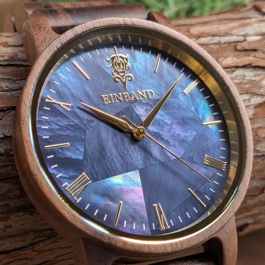 腕時計 木製 メンズ ブランド Reise ネイビーブルーマザーオブパールとクルミの木製腕時計 40mm 日本製 アインバンド 男性向け Reiseの画像