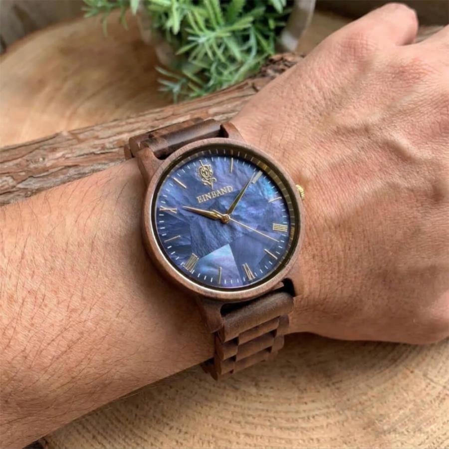 腕時計 木製 メンズ ブランド Reise ネイビーブルーマザーオブパールとクルミの木製腕時計 40mm 日本製 アインバンド 男性向け Reiseの画像