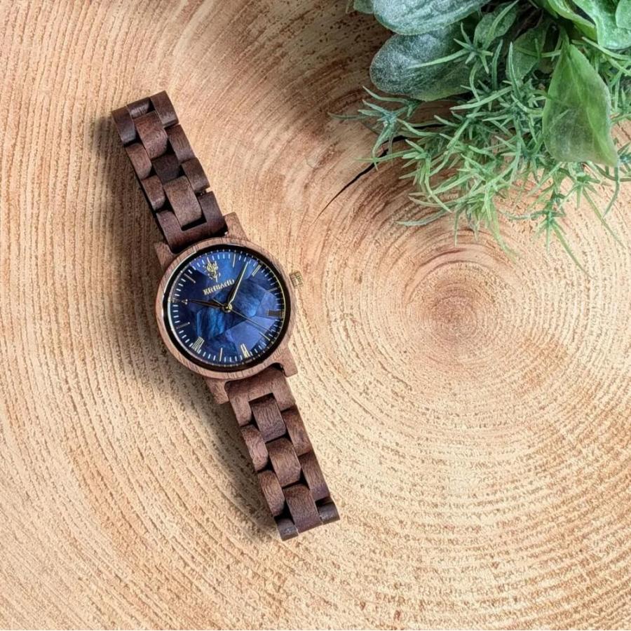 腕時計 木製 レディース ブランド Reise ネイビーブルーマザーオブパール クルミ 木製腕時計 32mm 女性向け 日本製 アインバンド EINBANDの画像
