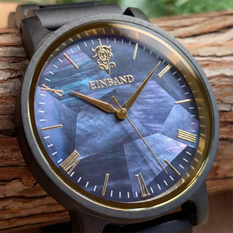 腕時計 木製 メンズ ブランド Reise ネイビーブルーマザーオブパール サンダルウッド 木製腕時計 40mm 男性向け 日本製 アインバンド EINBANDの画像