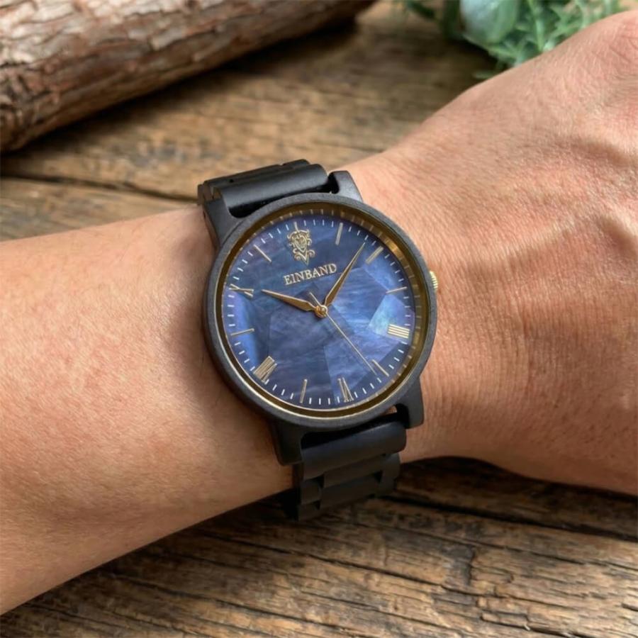 腕時計 木製 メンズ ブランド Reise ネイビーブルーマザーオブパール サンダルウッド 木製腕時計 40mm 男性向け 日本製 アインバンド EINBANDの画像