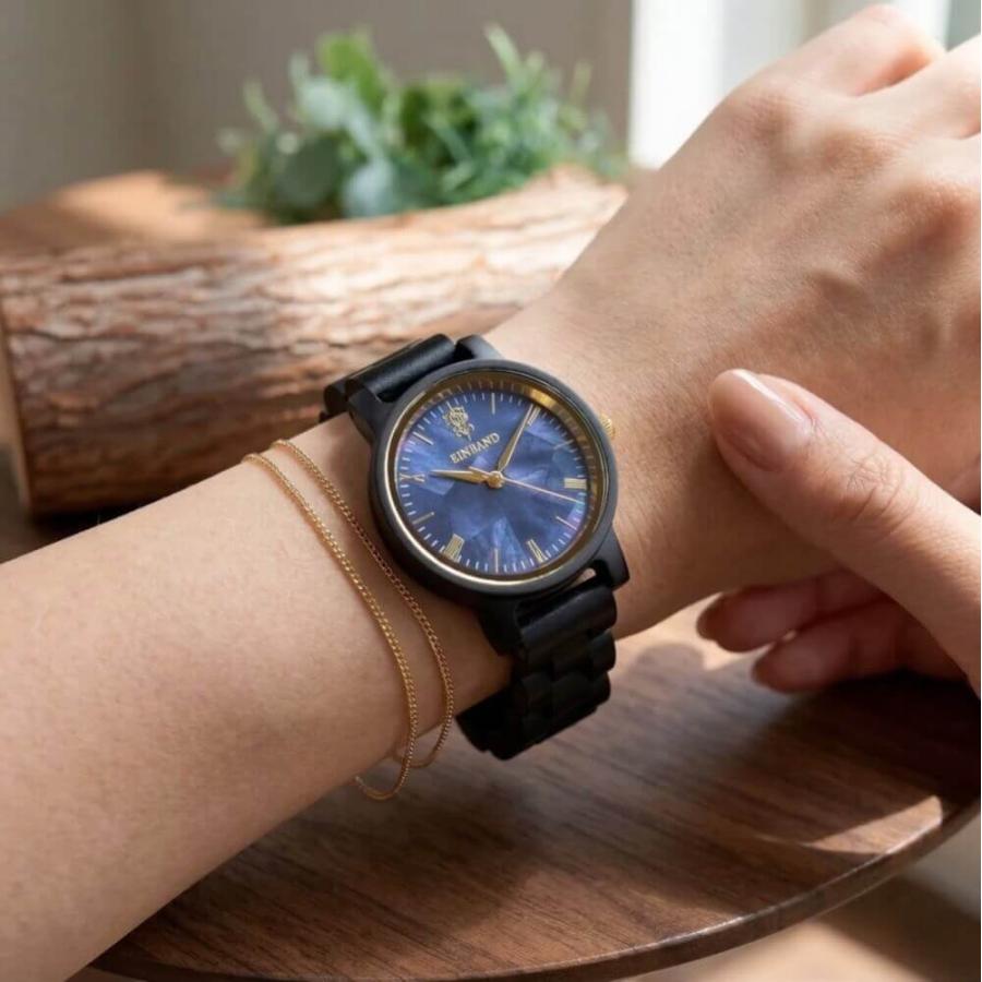 腕時計 木製 レディース ブランド Reise ネイビーブルーマザーオブパール サンダルウッド 木製腕時計 32mm 女性向け 日本製 アインバンド EINBANDの画像