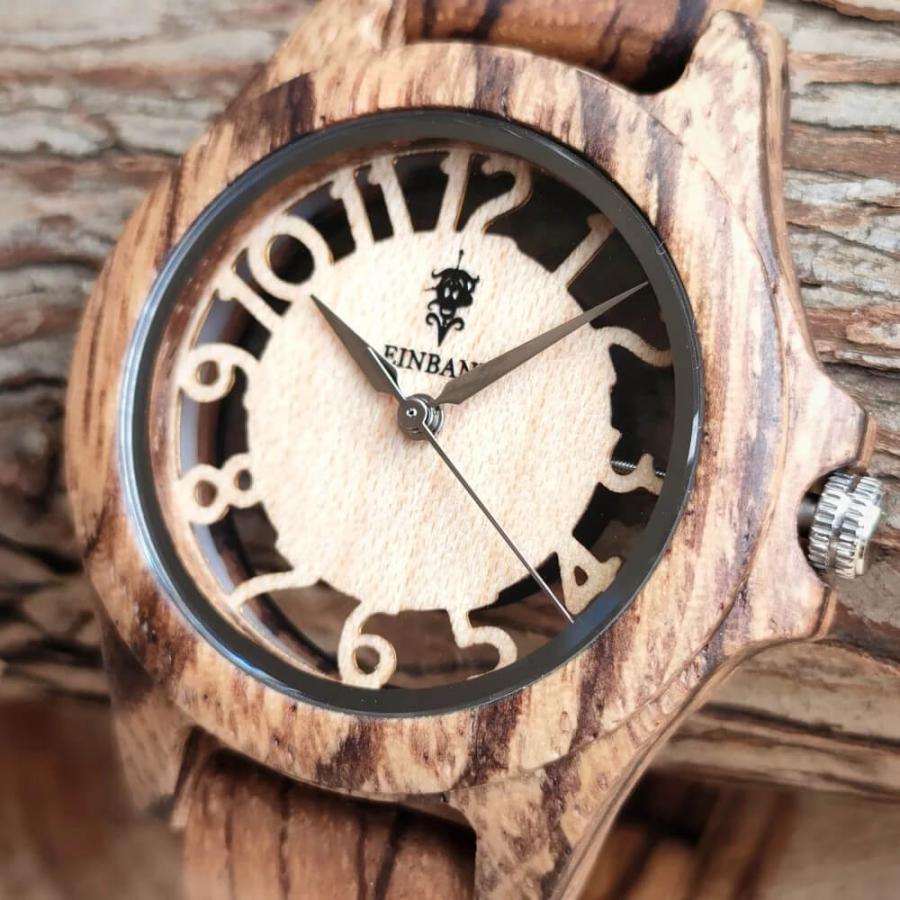 腕時計 木製 レディース ブランド クォーツ Freiheit Zebrawood スケルトン仕様 ゼブラウッドの木製腕時計 34mm 女性向け 日本製 おしゃれ アインバンド EINBANDの画像