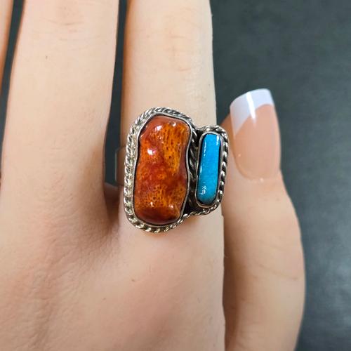 121 NAVAJO リング 19号 熊爪 ターコイズ コーラル 925 コーラル