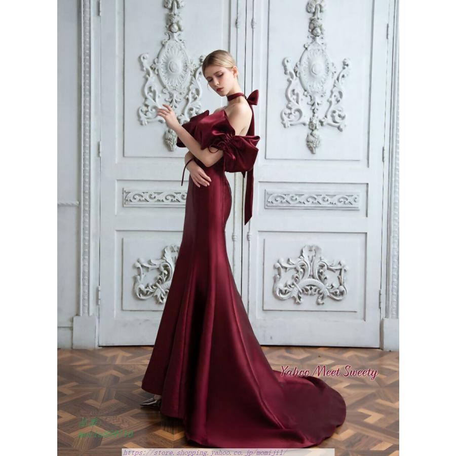 海外正規品 カラードレス パーティードレス ロングドレス バックリボン 赤 ワインレッド 花嫁 イブニングドレス サテン マーメイドライン スレンダーライン トレーン 上品 正規販売店 Www Superavila Com