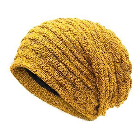 冬のアイテムZLYC Winter Knit Slouchy Beanie Hat for Men Women Thick Fleece Lined Baggy Skull Cap (Solid Yellow)