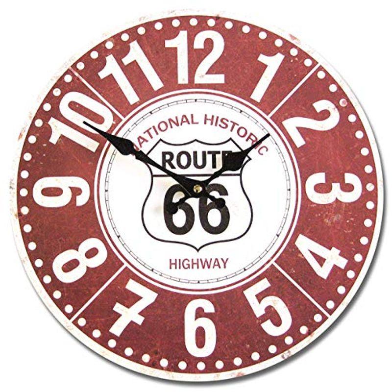 アメリカンウォールクロック 時計 34cm (ルート66 赤 A005) 壁掛け時計 ROUTE66 大きい ヴィンテージ風 ガレージ バイ