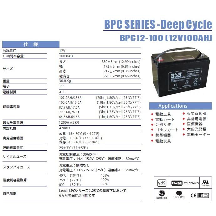 BPC12-100(100Ah) AGM ディープサイクルバッテリー 太陽光発電、ゴルフカート、電動モーター、電動カート◇G＆YU、グロ ーバルユアサ｜momo380320｜02