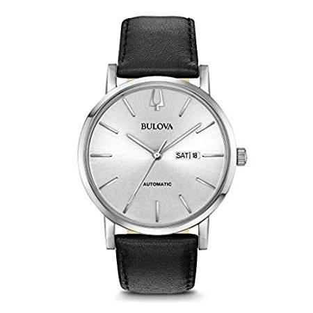 Bulova Men's Black Leather Band Steel Case Automatic Silver-Tone Dial Analo その他帽子