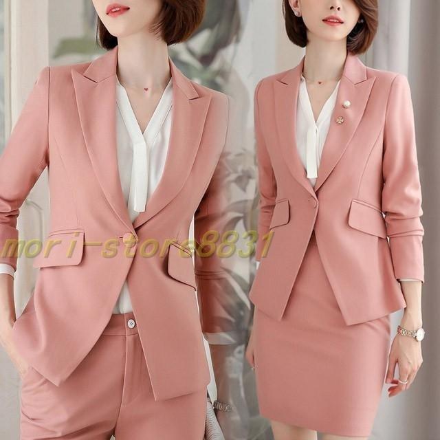 激安ブランド スカートスーツ 春 秋 パンツスーツ オフィス Ol 通勤 2点セット ビジネススーツ 大きいサイズ ネイビー レディース ピンク ブラック フォーマル スーツ パンツスーツ 色 ピンク スカートスーツ Nongdan Pro