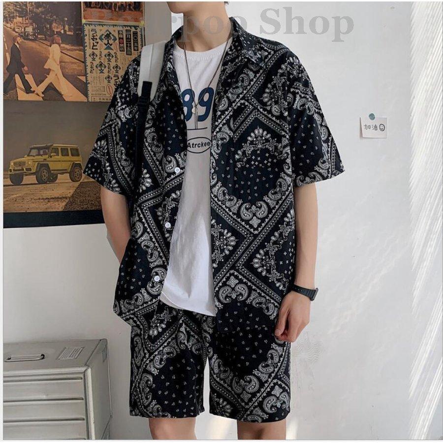 メンズ セットアップ ペイズリー柄 夏物 B系 上下セット ペーズリー柄 ペイズリー バンダナ柄 バンダナ 涼しい 半袖シャツ シャツ M L Xl 2xl 3xl 祝開店 大放出セール開催中