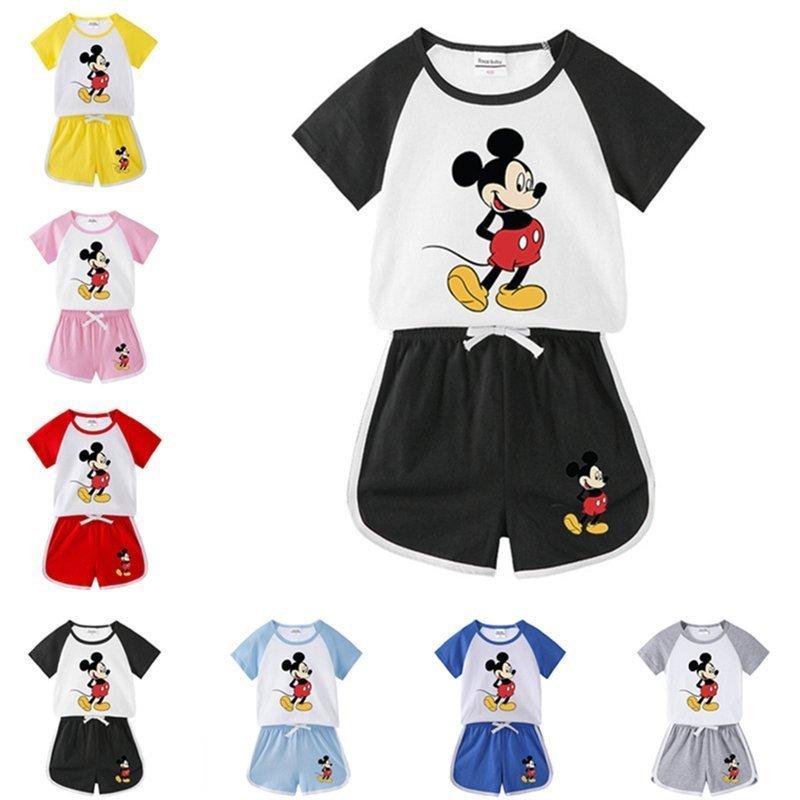 夏大人気新作 バイカラー ディズニーミッキー 子供服 セットアップ キッズ 上下セット 2点セット 半袖tシャツ トップス ハーフパンツ 通学着 通園着 売り切り御免