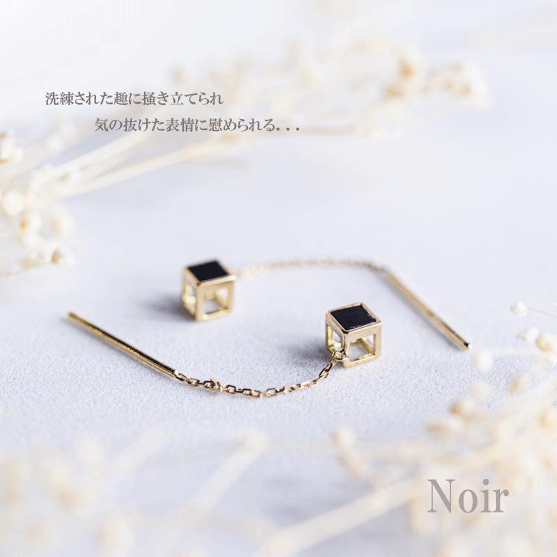 【Noir】 K18 18金 ゴールド オニキス スクエア ピアス レディース 受注生産の画像