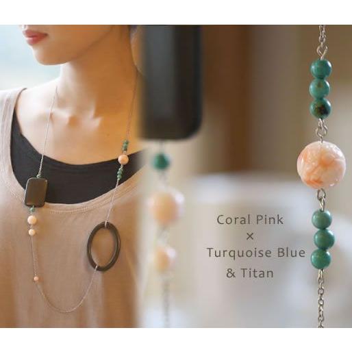 ピンクマーブル玉とターコイズのロングネックレス