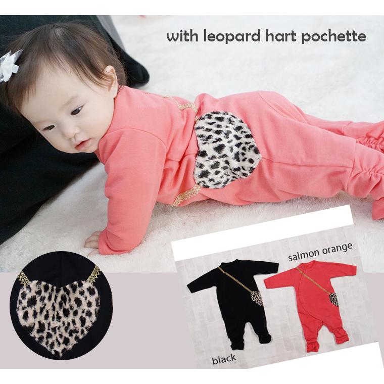 子供服 トップス A4653ミニ裏毛レオパードハートポシェットロンパース 日本製 4050保育園 ベビー服  新生児 赤ちゃん | 