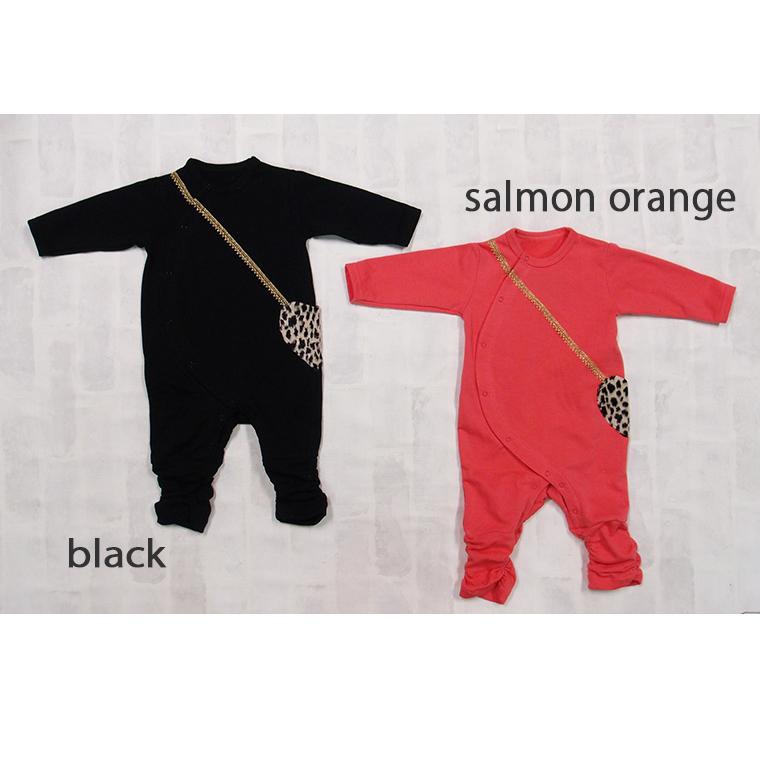 子供服 トップス A4653ミニ裏毛レオパードハートポシェットロンパース 日本製 4050保育園 ベビー服  新生児 赤ちゃん |  | 01