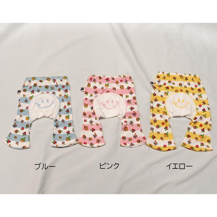 　きのこプリントボーダー綿100％薄手素材ニコちゃん刺繍7分丈モンキーパンツB2516（80cm 90cm 95cm） | 